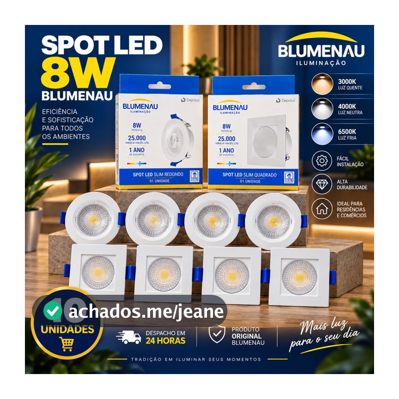 Kit 10 / 5 Spot Led Branco BLUMENAU 8W Embutir Redondo / Quadrado Teto Bivolt Blumenau gesso Dryall Sanca Iluminaçao