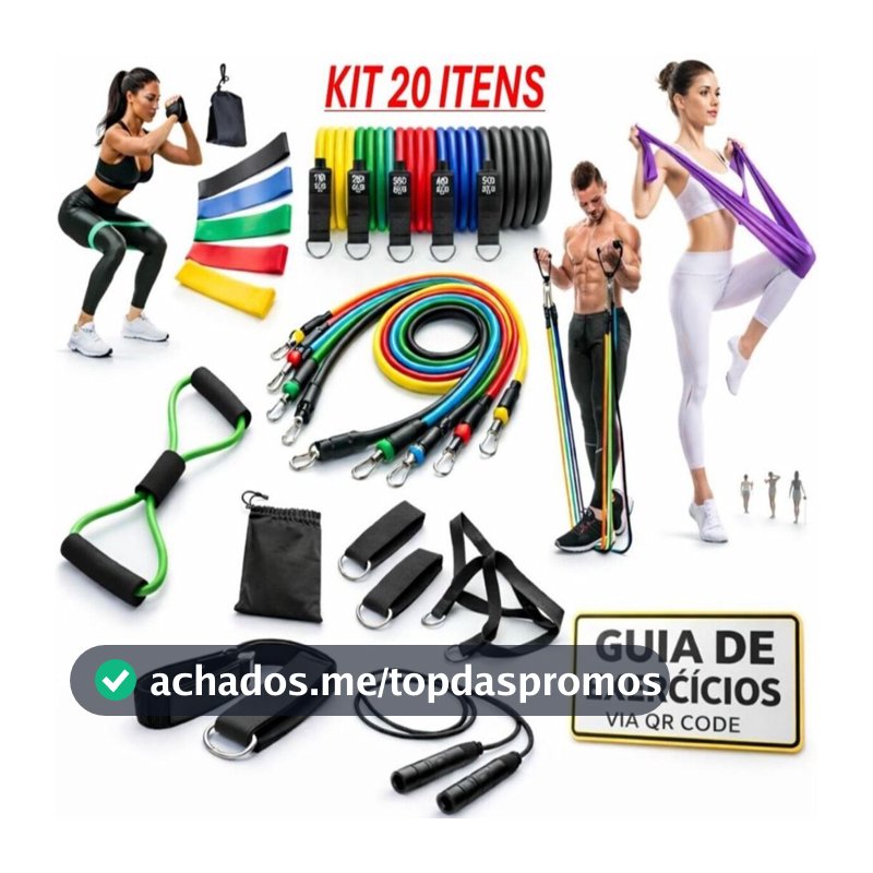 Kit 20 Itens Treino em Casa: Elásticos Extensor + Mini Band + Thera Band + Corda De Pular + Guia de Exercícios Exclusivo
