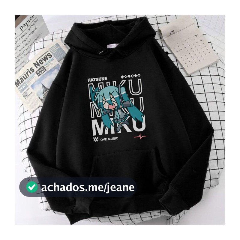 Moletom Hatsune Miku Personagem 2D Banda Kawai Personagem Musica Algodão Blusa Unissex Agasalho Canguru