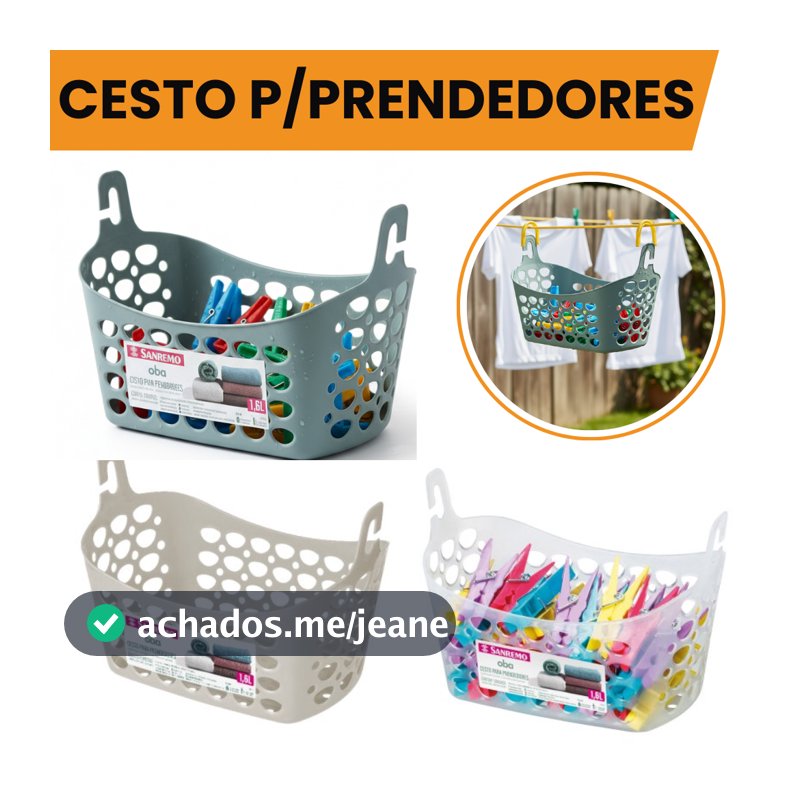Cesto Organizador para Prendedor e Pregadores de roupa Sanremo 1,6L Plástico com Ganchos para Varal