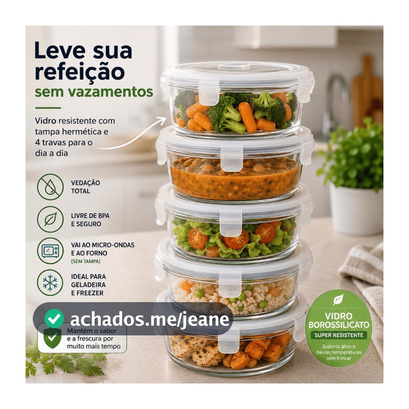 Kit 5 ou 10 Potes Herméticos Vidro 380ml OU 600ml  – Potes Redondos com Travas Premium para Marmita