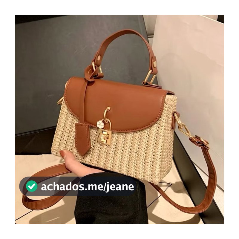 Bolsa Pequena Feminina de Mão Transversal de Palha Quadrada com Detalhe em Couro e Dourado Luxo