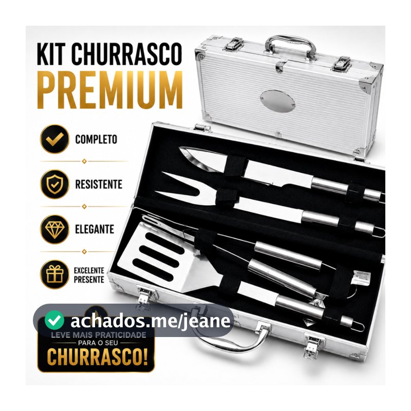 Kit Churrasco Profissional Inox com Maleta 4 Peças Churrasqueiro Completo Jogo de Utensílios
