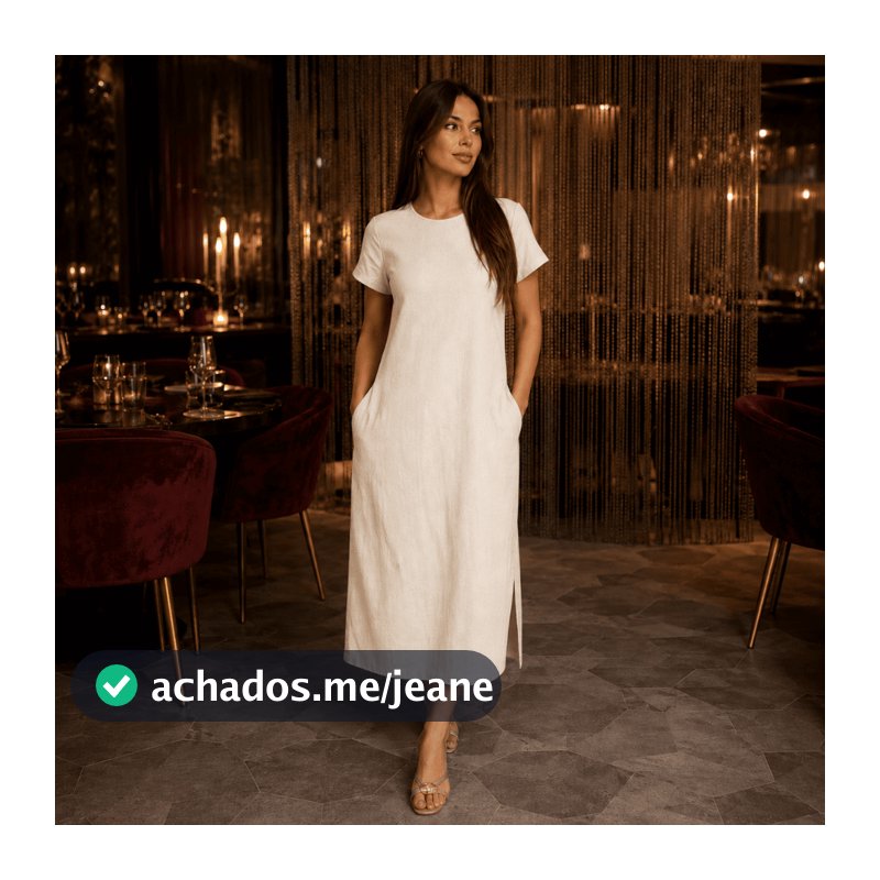 Vestido Feminino Manga Curta Linho Longo Elegante Atemporal Forrado Fenda Lateral Bolso Zíper Costas Verão Inverno