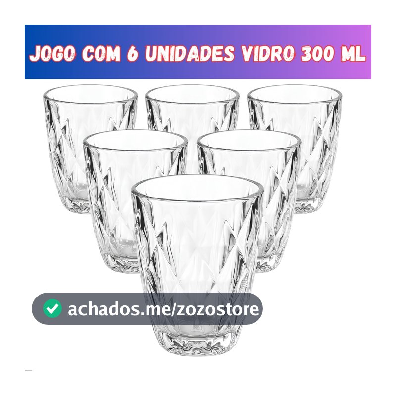Jogo 6 Copos Baixos Diamond 300ml Vidro Grosso Diamante Luxo