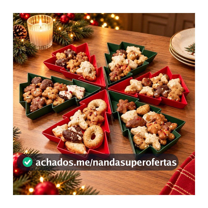 Kit 6 Bandejas Petisqueiras de Natal Árvore Natalina para Petiscos Doces Frutas Mesa Posta Ceia