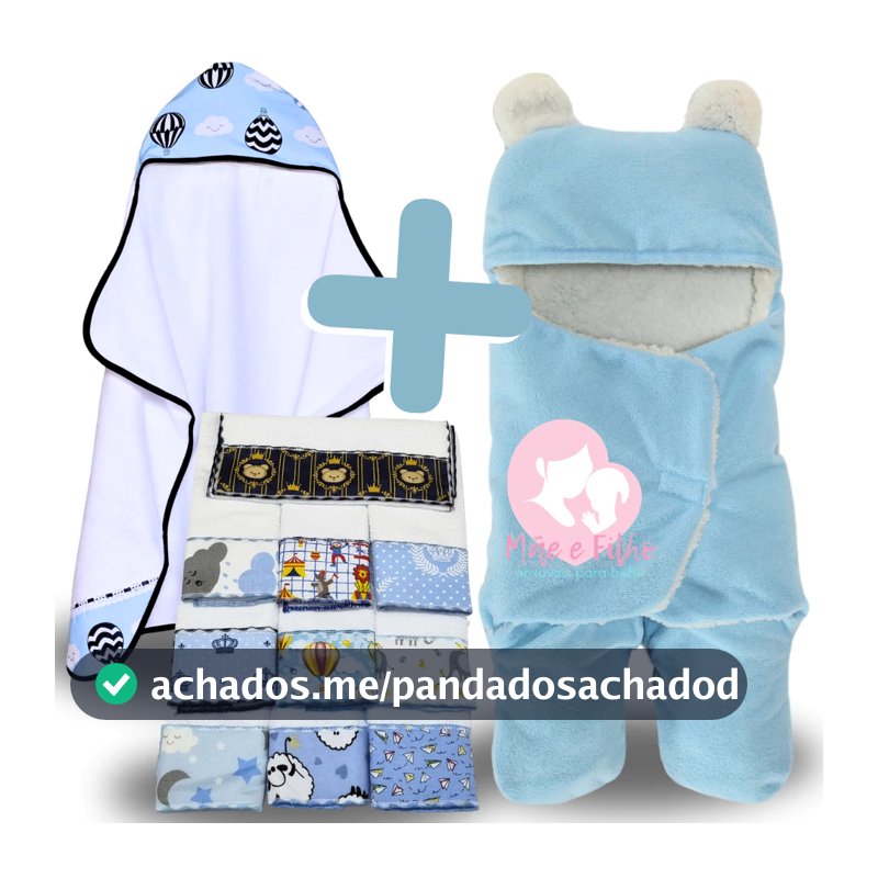 Kit Toalha de Banho Bebe + Saco de Dormir com Orelhas + 6 Toalhas de Ombro Felpuda Atoalhada