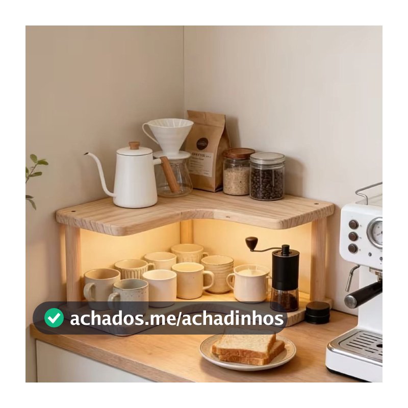 Prateleira de Canto 2 Andares em Madeira Organizador para Cozinha Cantinho do Café Bancada Multiuso Decorativa