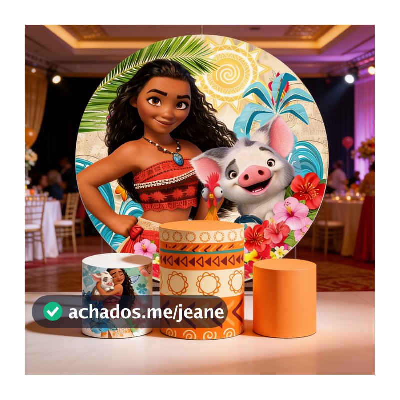 Capa Painel Redondo + Capas de Cilindro Sublimados Para Festas Tema Moana e Moana Baby