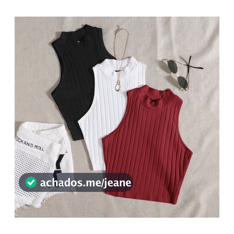 KIT 3 ou 1 Unidade Cropped Gola Alta Canelado Sem Manga Verão Praia