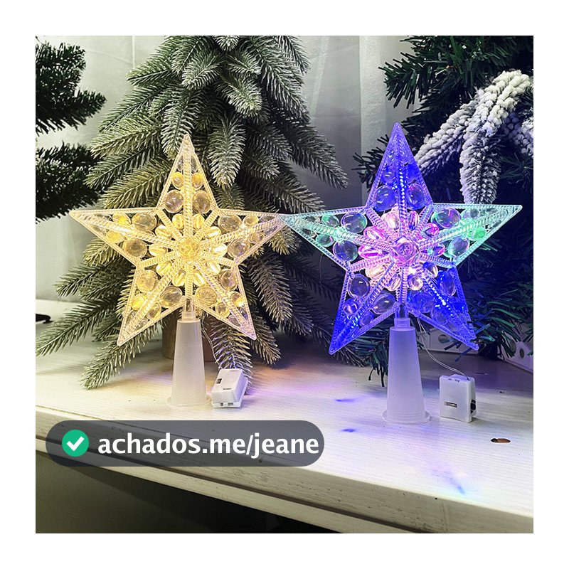 Estrela de topo para árvore de Natal, LED luminoso para árvore de Natal, luzes de cor quente, modelo a pilhas, decoração