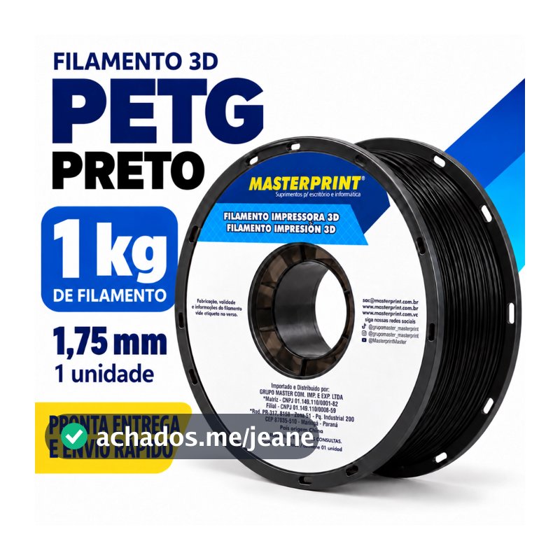 Filamento Masterprint PETG Preto de 1,75 mm 1 kg para Impressora 3D FDM Embalado a Vácuo | Pronta Entrega e Envio Rápido