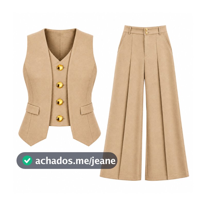 Conjunto Alfaiataria Feminina Luxo Bege Colete Acinturado + Calça Pantalona Wide Leg Premium Elegante & Sofisticad Poá