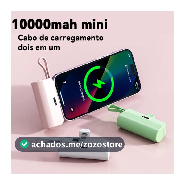 Carregador Portátil Mini Power Bank 10000mAh Com 02 Saídas Tipo-C / Lightning