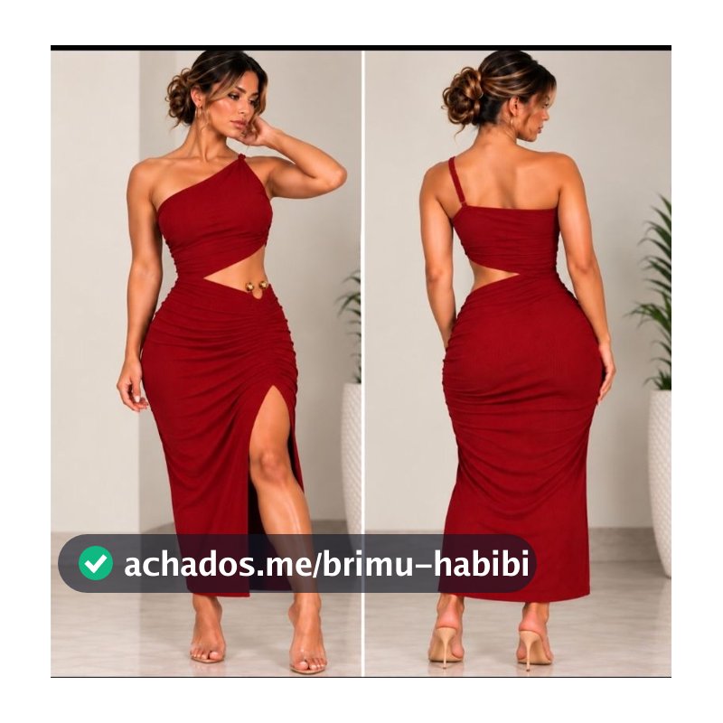 Vestido Feminino Longo Anarruga Assimétrico com Fivela Dourada Fenda Lateral