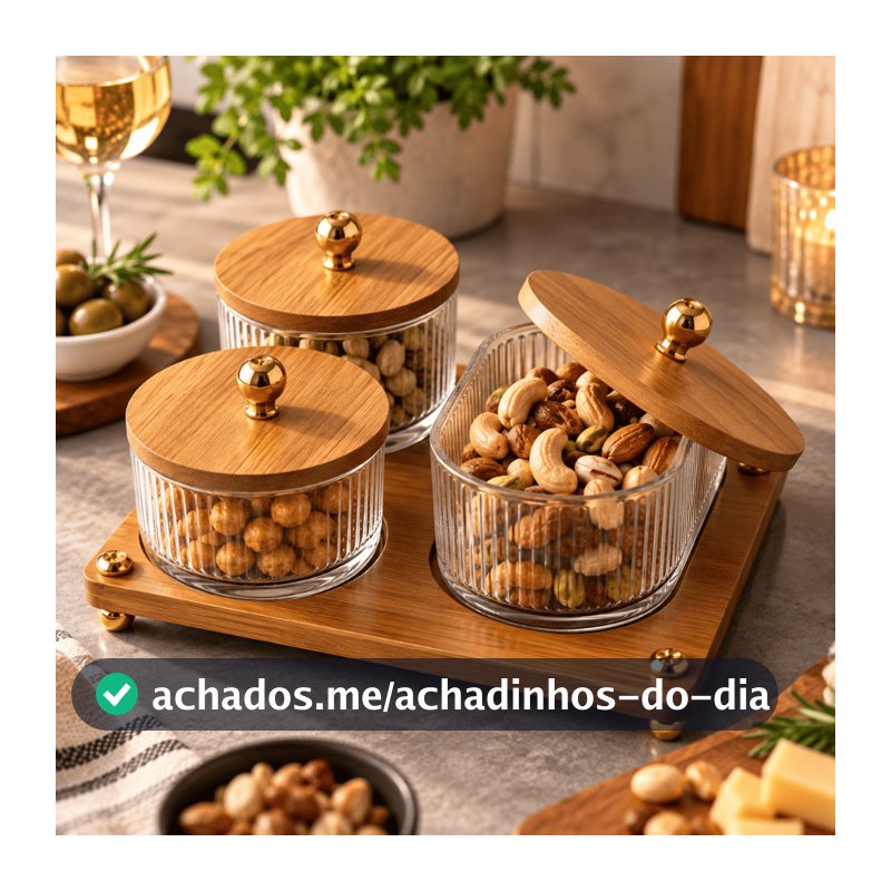 Kit Petisqueira 3 Potes de Vidro com Tampa Bambu e Bandeja para Petiscos