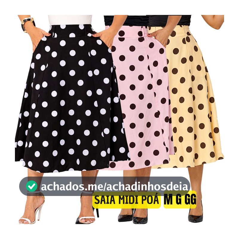 Saia Feminina | Midi Elegante Poá de Bolinha Rodada Cintura Alta Anos 60 Retrô Vintage M G GG