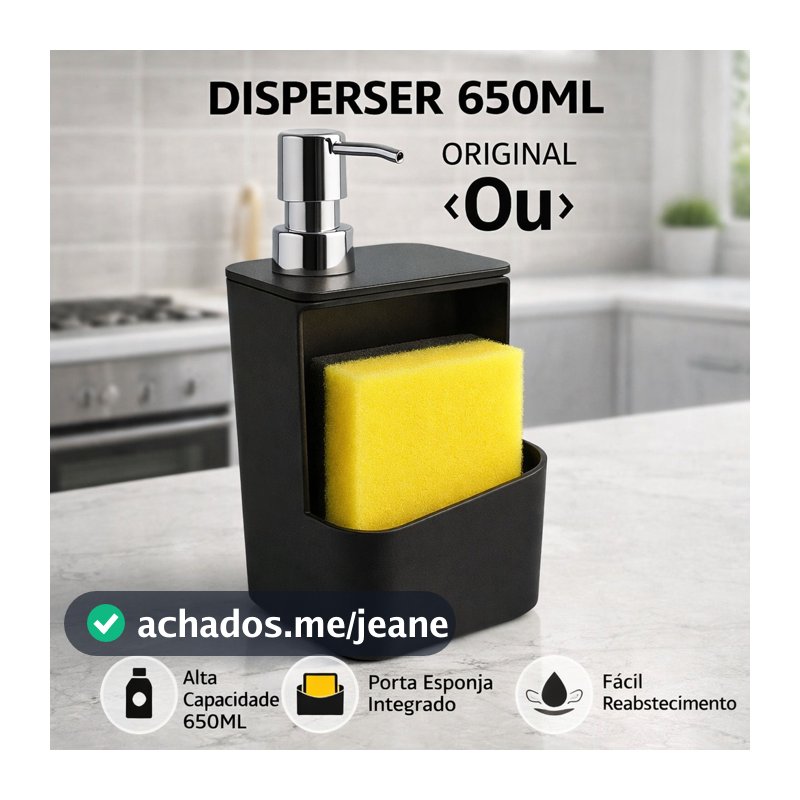 Dispenser Detergente 650ml Preto Pia Dosador Suporte Esponja Bucha Organizador Cozinha Original