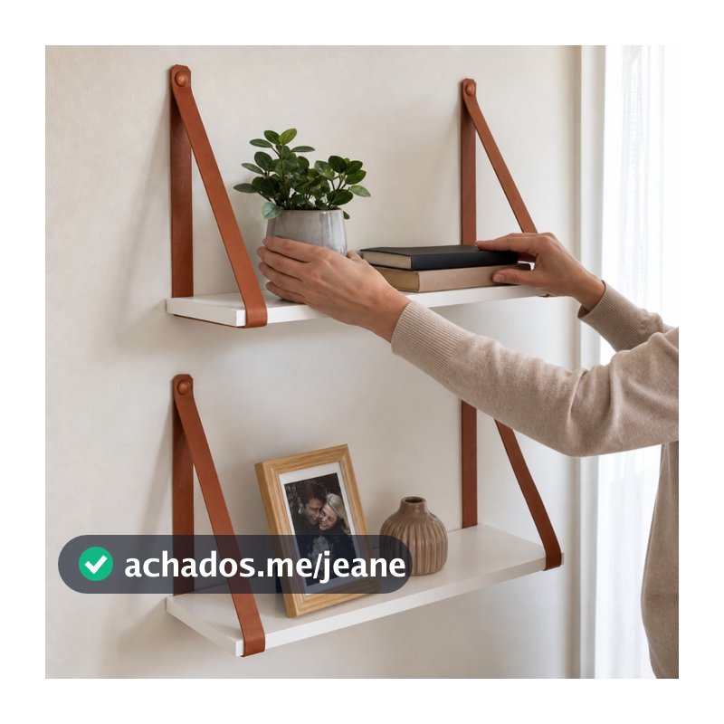 Kit 2 Prateleira Suspensa Parede 45x15 MDF Alça Couro Caramelo Prateleira Para Livros e Decoração Nicho Decorativo MDF