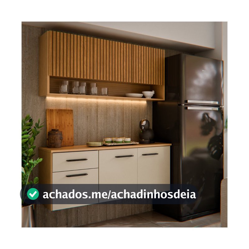 Armário de Cozinha Completo 6 Portas Ripado 3D com Balcão e Aéreo Suspenso Cozinha Compacta Eliza