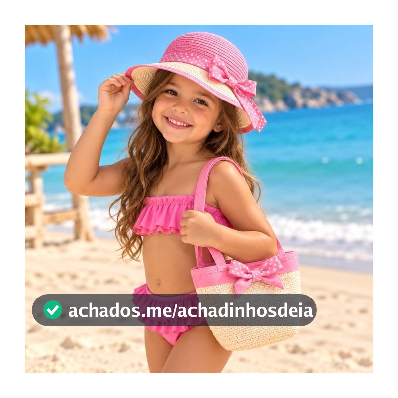 Kit Infantil Praia Chapéu + Bolsa de Palha Rosa com Laço Poá