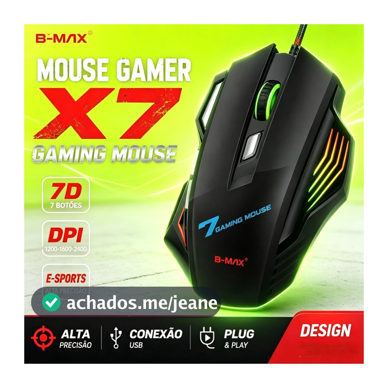 Mouse Gamer B-Max X7 USB Iluminação RGB Ergonômico para PC e Notebook