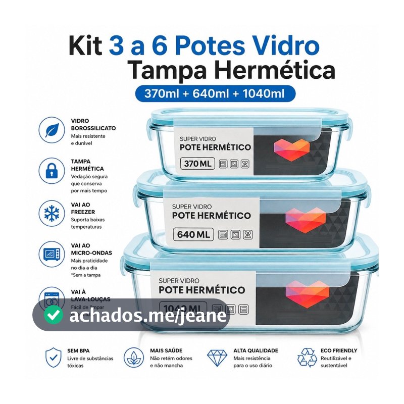 Kit 3 Potes Vidro Tampa Hermética 370ml + 640ml + 1040ml Marmita Armazenar Alimento Comidas Refeição
