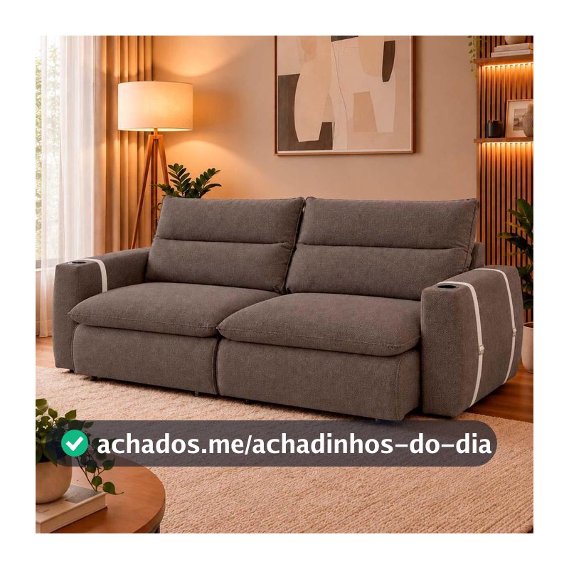 Sofá Retrátil Reclinável Lugano 2,20m USB e Porta Copos Linho Marrom - King House
