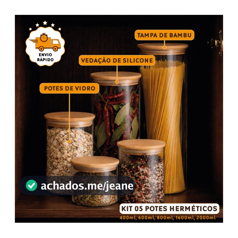 Kit 5 Potes Herméticos Vidro Tampa Bambu Condimentos Organizador Temperos Alimentos Porta Mantimento