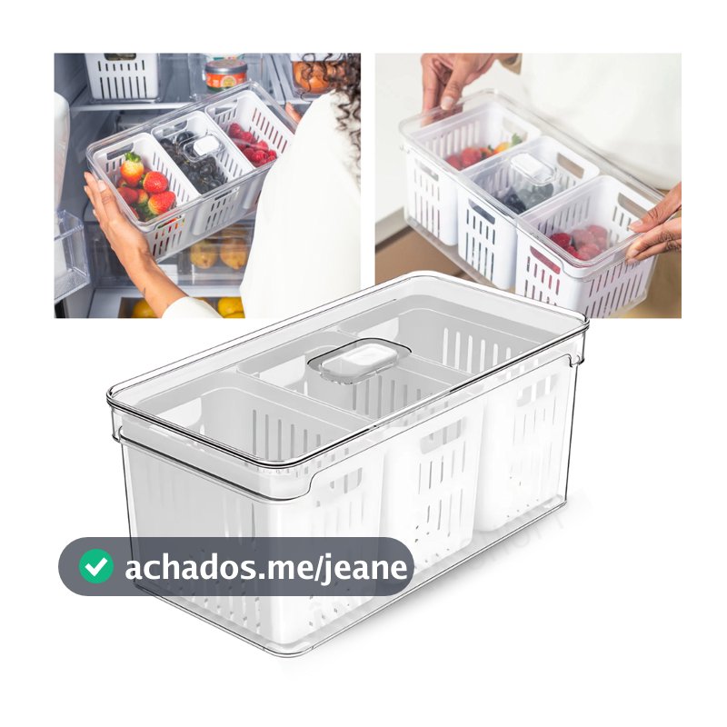 Organizador de Geladeira 5L com 3 Cestos Ou Natural Tampa Porta Frutas Legumes Vegetais Clear Fresh