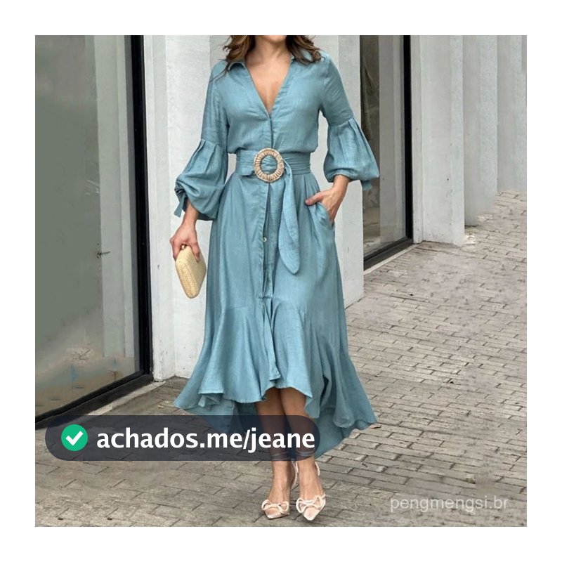 Vestido Verde Vestido Ocidental Moda Casual Manga Longa Decote em V Vestido Longo Sólido com Bolso L04L 7758