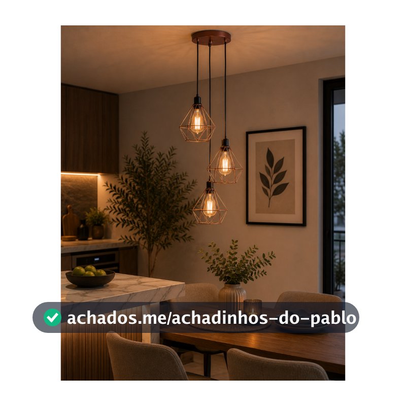 Luminária Teto Conjunto Lustre Pendente Diamante Triplo e-led Aramado Cozinha Sala Quarto Lavabo