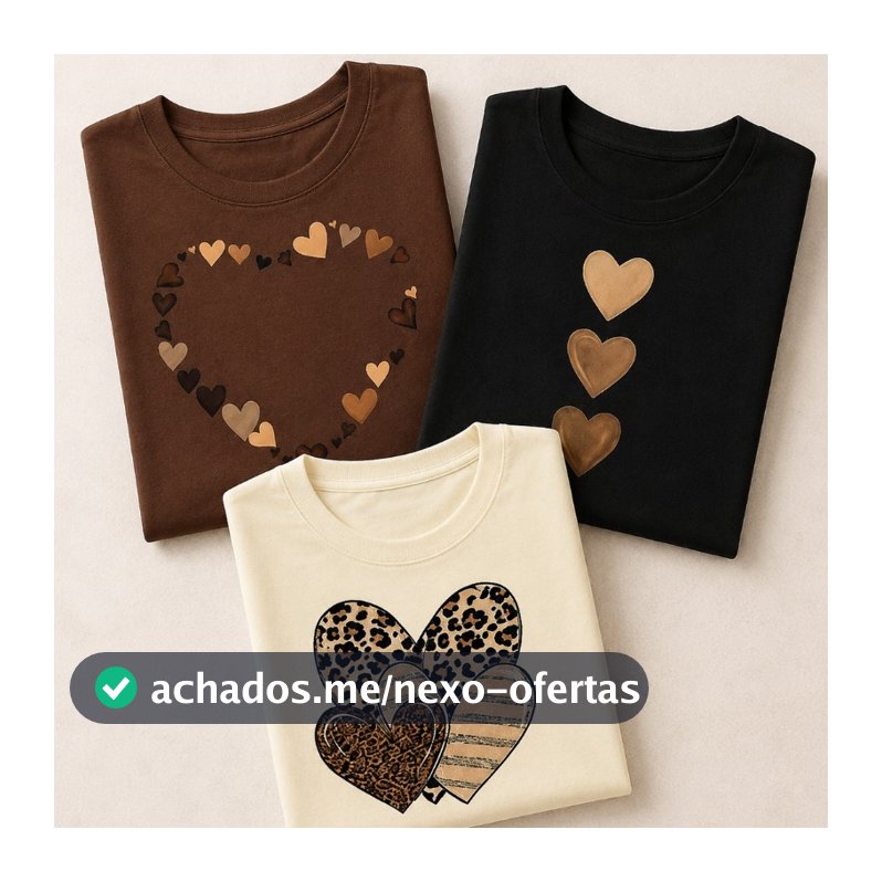 Kit 3 Baby Look Feminina Camisetas Coração Oncinha Algodão Bege Marrom Preto Manga Curta Casual Confortável Estilosa Top