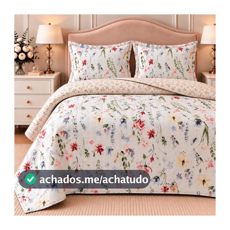 Kit Colcha Cobre Leito Casal Queen King Dupla Face Floral Estampada Matelada Boutis Super Macia