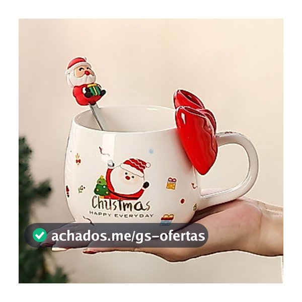 Caneca 3D Laço Natal Noel Mesa Posta Decoração C/ Colher Cerâmica 400ml