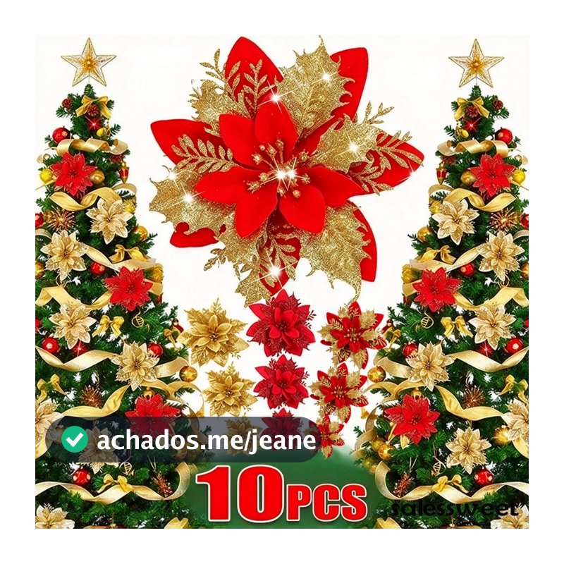 Flores de Natal Artificiais 14cm Glitter 5/10 Peças Ornamento para Decoração Árvore de Natal Casa Ano Novo