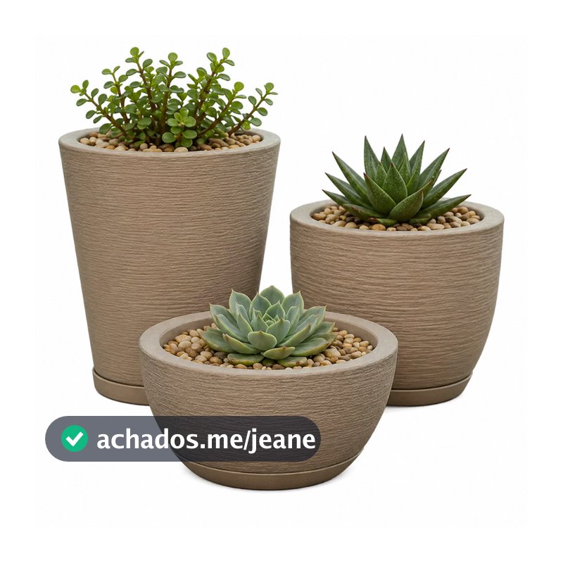 Kit Com 3 Vasos Decorativo de Planta Escovado Polietileno Com Prato Cone + Bojo + Bacia