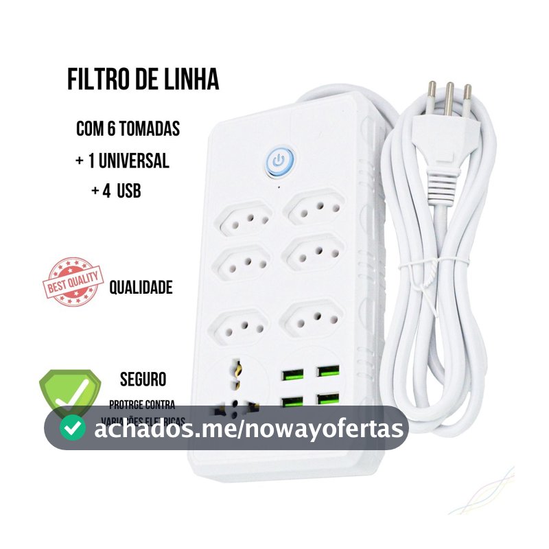 Régua Filtro de Linha com 7 Tomadas Extensão Elétrica 1 Universal 4 USB Bivolt 10A 110v/220v Cabo de 2 Metros Seguro e confiável