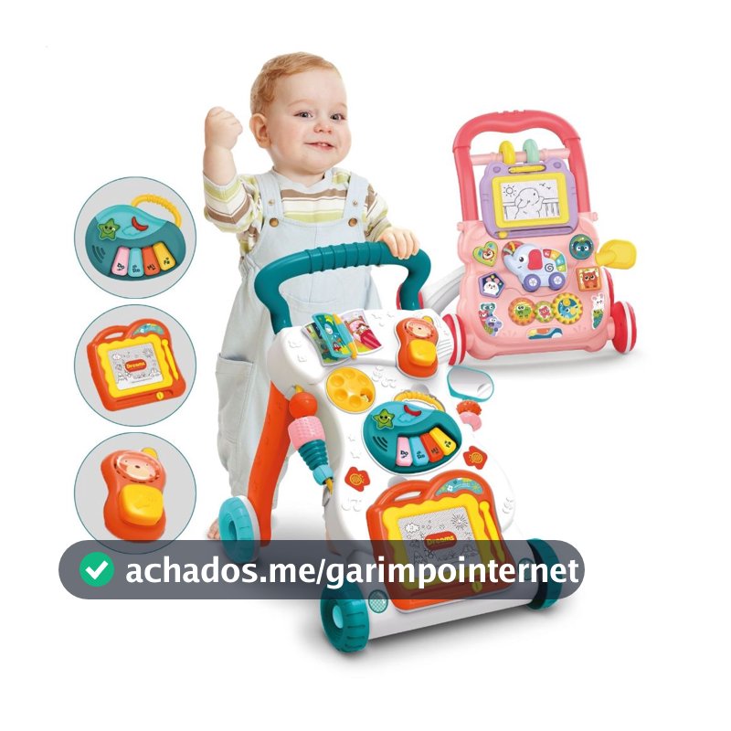 Andador de Empurrar Didático Brinquedo Educativo com Teclado Musical e Lousa Mágica