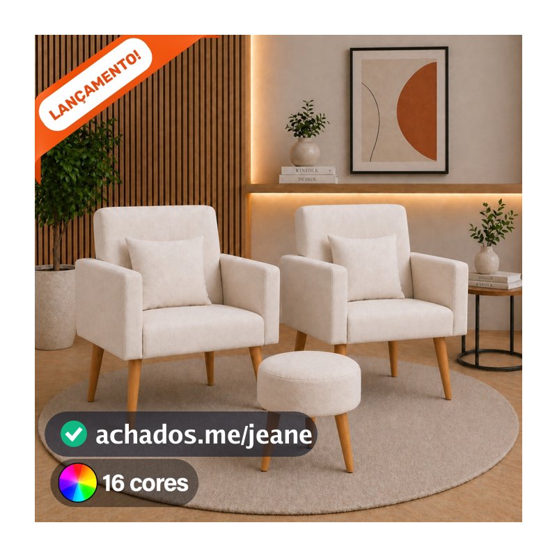 Kit 2 Poltronas Decorativo Para Sala Nina e 1 Puff Redondo Pés Palito Suede Aninha Poltronas
