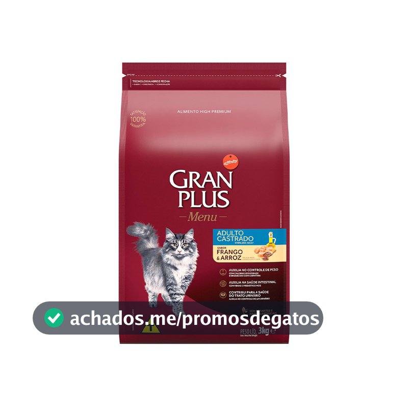 Ração GranPlus Menu Gatos Adultos Castrados Frango e Arroz 3kg