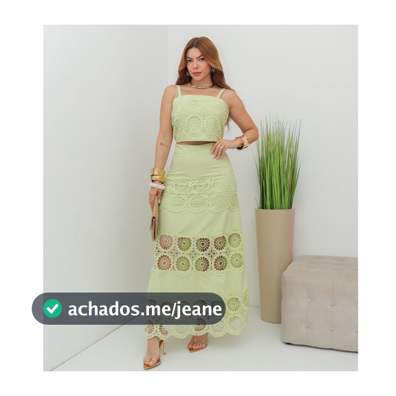 Conjunto Feminino Cropped de Alça com Renda Guipir e Saia Longa Elegante Verão SD4209