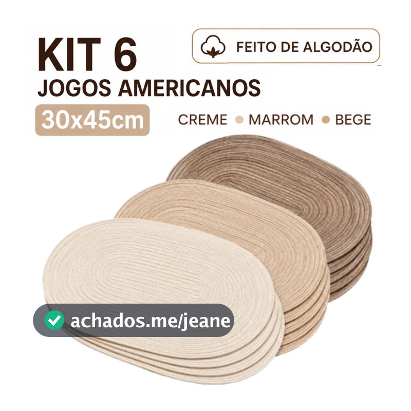 Conjunto 6 Peças Jogo Americano 45X30CM Pratico Para Mesa Oval Algodão Descanso Para Pratos