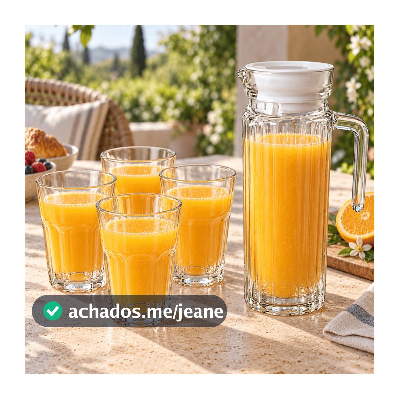 Kit 5 Peças Jarra de Vidro RETRO 1 Litro + 4 Copos Jade 340ml - Conjunto Suco Água Mesa