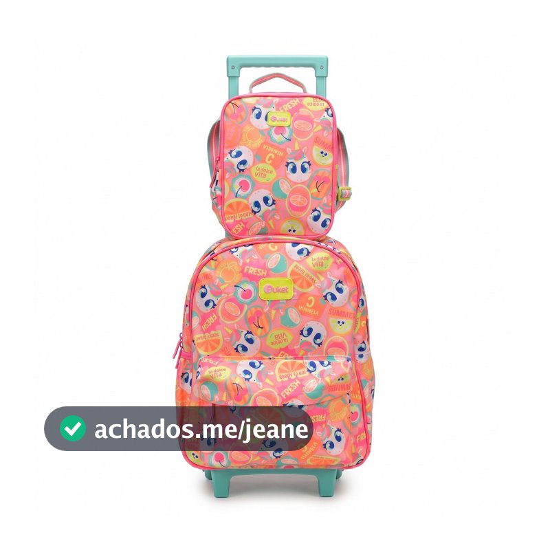 Kit Mochila e Lancheira Puket Menina Unicórnio Frutas Rosa