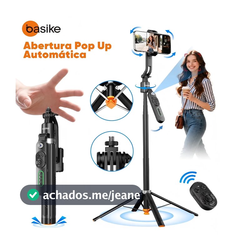 BASIKE Tripé Inteligente 1.8m com Rastreamento Facial AI Estável 360°  Para Celular、Câmera、Vlog E Gopro Abertura Pop-Up