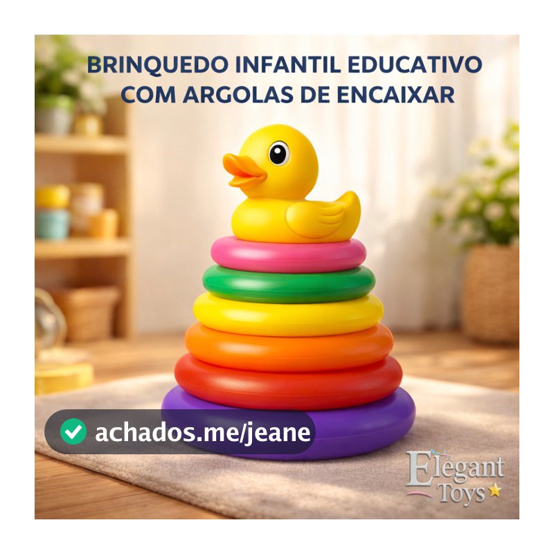 Brinquedo Educativo Infantil Torre de Argolas 5 & 7 Anéis Didático Patinho Peixinho Girafinha