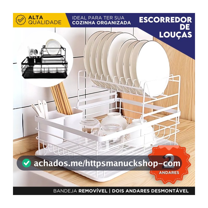 Escorredor de Louças Aço Inox 2 Andares com Bandeja Removível Ideal para Pratos Copos e Talheres -MN