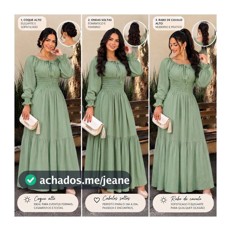 Vestido Longo Feminino DUNA Verde Menta Manga Longa Lastex Elegante Moda Evangélica