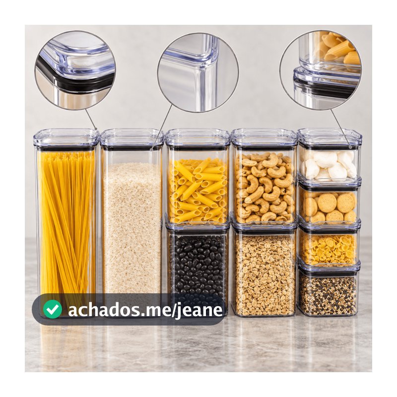 Kit 10 Potes Herméticos Organizadores Empilháveis de Acrílico Transparente Porta Mantimentos Cozinha Arroz Cereais Doces